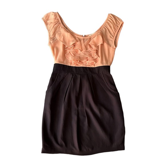 Forever 21 Dress Ruffle Front Pockets Empire Waist Sheath Pink Black Medium - Picture 1 of 12